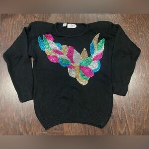 Vintage 80s Sweater Black Silk Angora Pullover Sequin Size Medium
